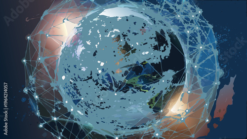 A digital network enveloping the earth showcasing global connectivity