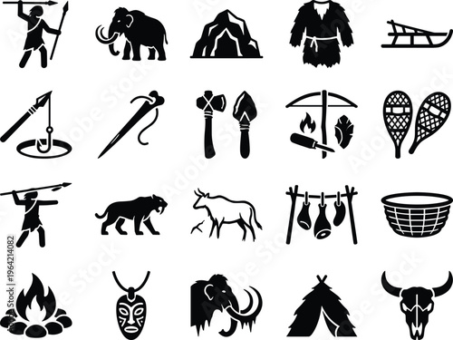 Primitive tribal icons set, ancient human lifestyle symbols collection, hunting tools cave survival elements, prehistoric culture vector, stone age silhouette icon pack