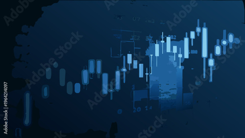 Abstract financial chart with candlestick patterns in a deep blue tone