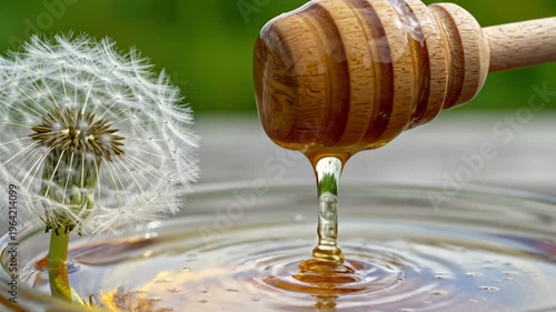 Dandelion and Honey Dipper Dripping Golden Honey Into a Bowl, Close-Up Macro Shot