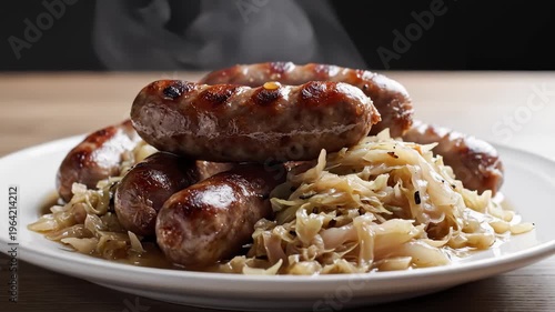 Close-Up of Steaming Sausages With Sauerkraut on a White Plate, Delicious Food