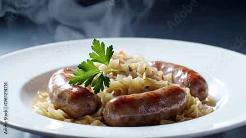 Chef Garnishes Hot Sausages and Sauerkraut With Fresh Parsley on White Plate