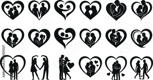 Romantic couple silhouettes in heart shapes, love relationship icons set, kissing hugging dating symbols, wedding romance vector illustration collection
