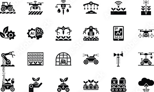 Smart agriculture icons set, farming technology symbols collection, precision agriculture automation elements, drone irrigation vector, modern agritech outline icon pack