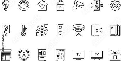 Smart home line icons set, home automation symbols collection, IoT security devices appliances control elements, modern house technology vector outline icon pack