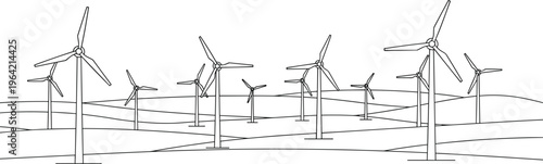 wind energy farm landscape illustration, renewable power turbines field, clean electricity concept, eco friendly technology, sustainable energy generation, minimal line art scene