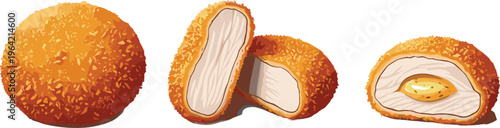 Breaded chicken cutlet and stuffed fried snack vector illustration, crispy golden fast food with filling isolated on background, delicious meal concept