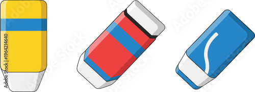 Colorful eraser set vector illustration, school stationery rubber tools in different designs for pencil correction isolated on background, education supplies collection