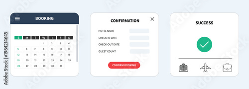 Online Hotel Booking UI App Interface with Calendar and Confirmation Screen Flat Vector