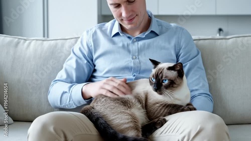 Man Petting His Siamese Cat While Sitting on a Sofa at Home, Close Up