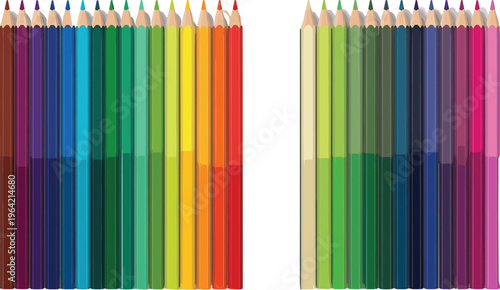 Colored pencils set in full rainbow spectrum vector illustration, vibrant drawing tools collection with different shades organized in rows isolated on background