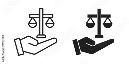 Justice scales in Hand icon silhouette. Editable stroke. Line vector illustration design