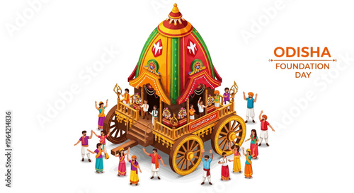 Illustration of a colorful chariot with people celebrating Odisha Foundation Day in a vibrant cultural scene with traditional Indian designs and motifs.