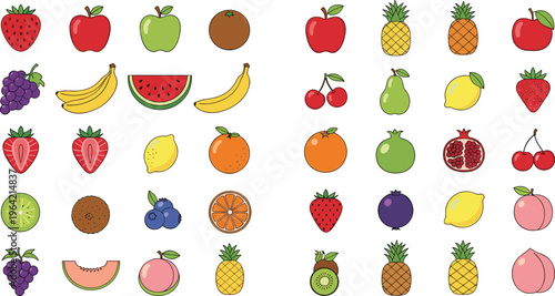 Colorful fruit collection vector illustration set, assorted fresh fruits including apple, banana, strawberry, pineapple and citrus isolated on background, healthy food design