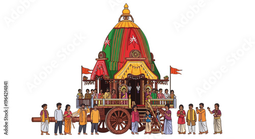 Illustration of a colorful chariot with people gathered around it, celebrating Odisha Foundation Day with cultural and heritage elements.
