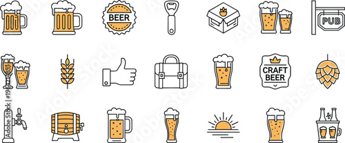 Collection of Craft Beer Icons Featuring Mugs Barrels Hops and Pub Signs for Brewery Branding Bar Menu Design and Oktoberfest