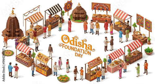Isometric illustration of a vibrant Odisha Foundation Day celebration with various stalls and people in a circular composition against a clean white background.
