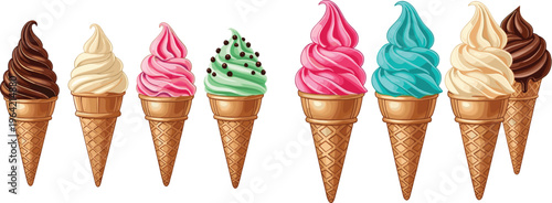 Colorful soft serve ice cream cones assortment vector illustration, various creamy dessert flavors in waffle cones isolated on background, sweet frozen treat collection
