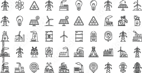 Large Collection of Energy and Industrial Power Icons Featuring Renewable Solar Wind Nuclear and Fossil Fuel Symbols for Infrastructure Design