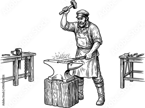 Blacksmith forging metal at anvil in a full workshop