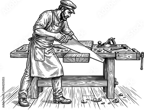 Carpenter sawing through a wooden block on a workbench