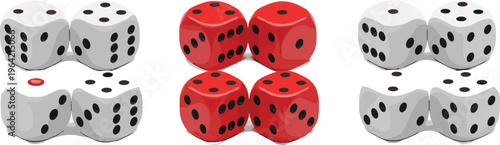 Dice pairs collection vector illustration, red and white gaming cubes with different number combinations isolated on background, casino and board game elements set