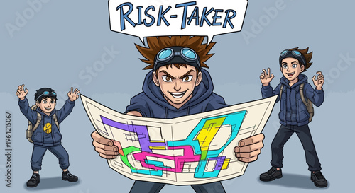 Risk taker man holding map with friends cartoon style