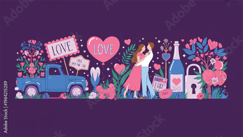 A whimsical illustration of a romantic couple driving in a truck with flowers and love symbols on a beautiful day