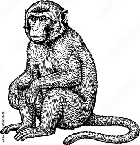 Macaque monkey sitting in thoughtful pose engraving