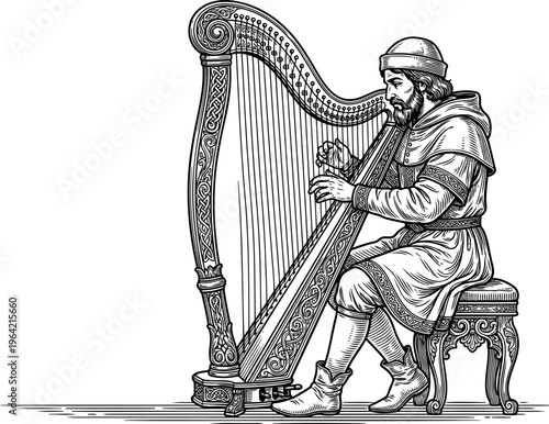 Medieval bard playing a large ornate floor harp