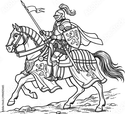 Medieval knights in plate armor standing with shields and swords