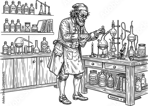 Medieval alchemist conducting chemical experiments in laboratory