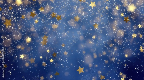 Gold sparkles and stars on a deep navy blue background, with soft bokeh and foil texture, suitable for use in Christmas posters, holiday banners, or luxury event branding.