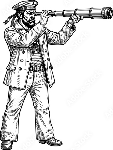 Naval sailor looking through a long brass telescope