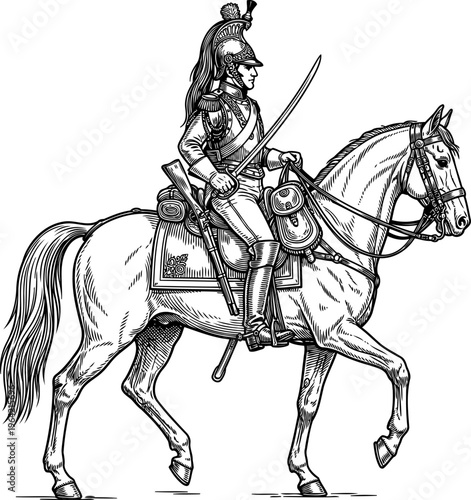 Napoleonic cavalry soldier riding a horse with a saber