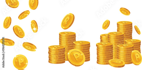 Gold coins stack and falling coins vector illustration, financial wealth and money concept with shiny currency piles isolated on background, business finance design