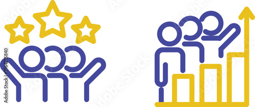 Illustrations of teamwork and recognition with climbing success and applause icons