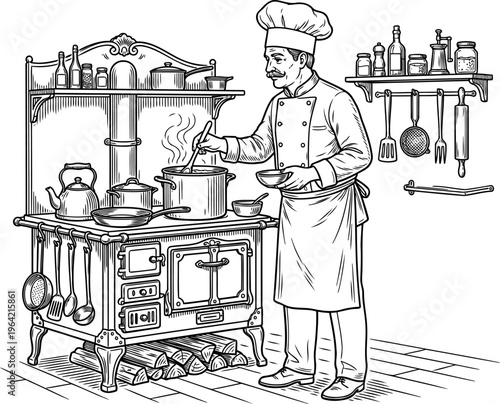 Professional chef stirring soup on antique wood burning stove