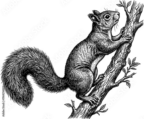 Squirrel holding acorn on oak branch engraving