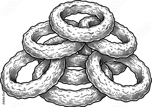 Stacked crispy onion rings engraved food illustration