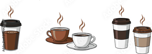 PrintHot coffee cups collection vector illustration, takeaway and ceramic mugs with steam isolated on background, morning beverage and cafe drink set design