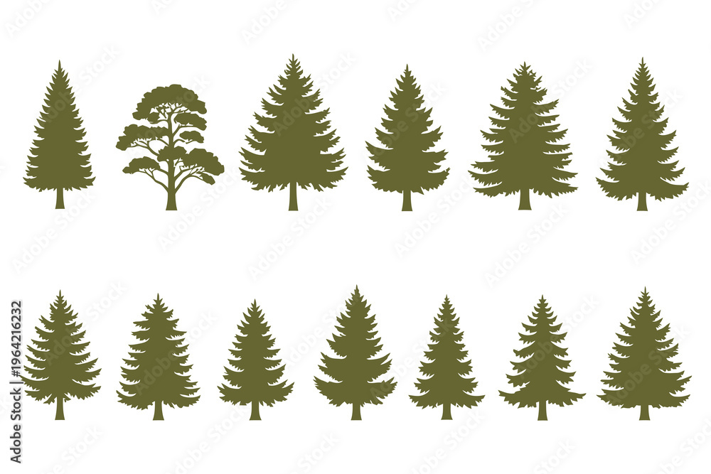 Obraz premium A collection of various green tree silhouettes, including pine, fir, and spruce, suitable for graphic design projects.