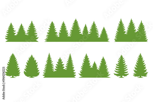 Collection of stylized green evergreen trees and forest borders in various shapes and sizes on a white background.