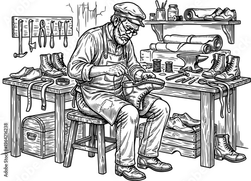 Vintage shoemaker repairing footwear at a busy workbench