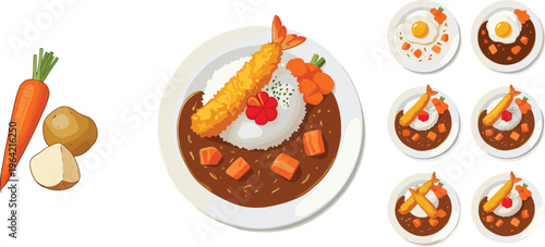 ura, vegetable, carrot, potato, sauce, gravy, delicious, lunch, dinner, homemade, traditional, gourmet, serving, portion, set, collection, vector, illustration, isolated, tasty,