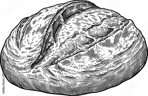 Whole crusty loaf of sourdough bread in a detailed woodcut style