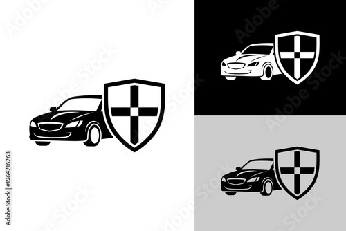 Car insurance logo design featuring a vehicle and a protective shield symbol, displayed in various color options for automotive safety.