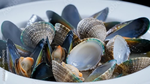 Close-Up of Steaming Mussels and Clams in a White Bowl, Delicious Seafood Dish