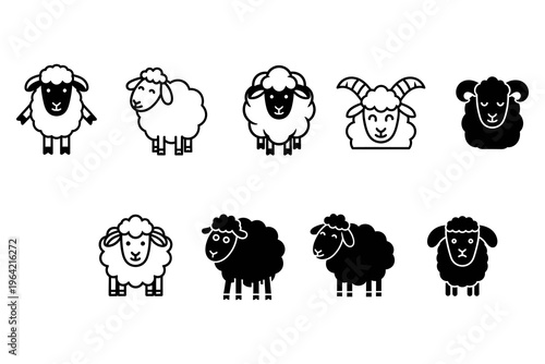 A collection of ten diverse cartoon sheep icons in black and white, featuring various styles from outline to silhouette, including lambs and rams.