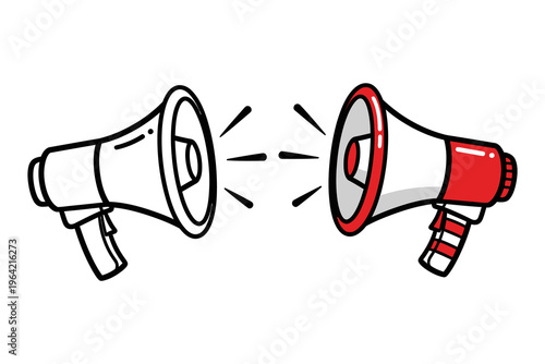 Two cartoon-style megaphones facing each other, emitting sound waves, symbolizing communication, announcement, or a call to action.